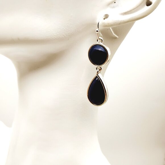 Liz Claiborne Two-tier Drop-Dangle Earrings Deep Navy Silver-tone Bezel - Picture 10 of 11